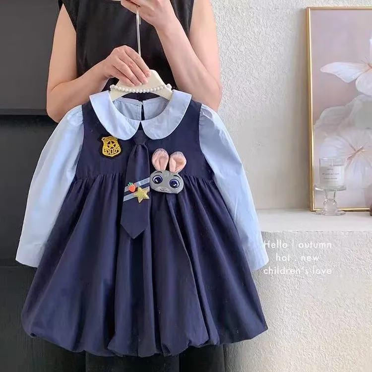 女童学院风洋气兔子警官秋娃娃领衬衫花苞连衣裙假两件套31001