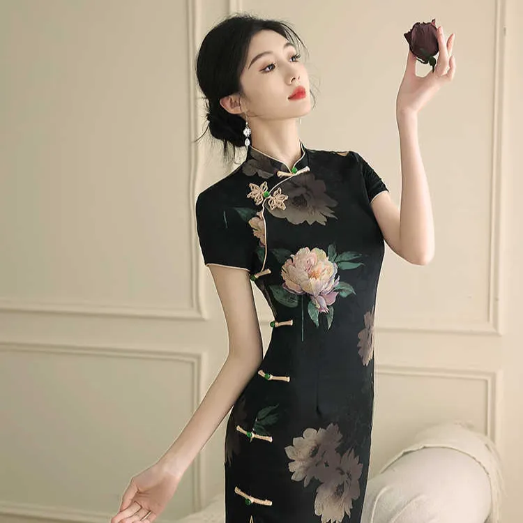 黑色旗袍新款2025新款复古民国风新中式连衣裙夏季高端大气上档次