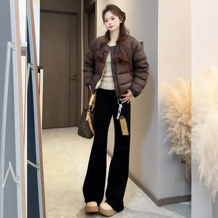 女装2025秋冬新款洋气炸街减龄时髦显瘦咖色棉服外套阔腿裤两件套