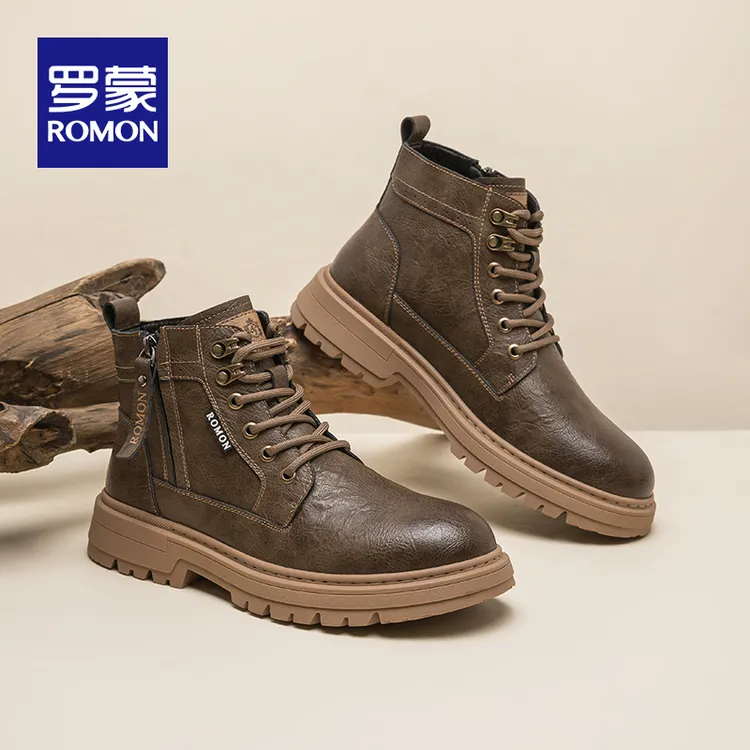 罗蒙秋冬新款耐磨高帮复古港风马丁靴皮拼接圆头厚底英伦风