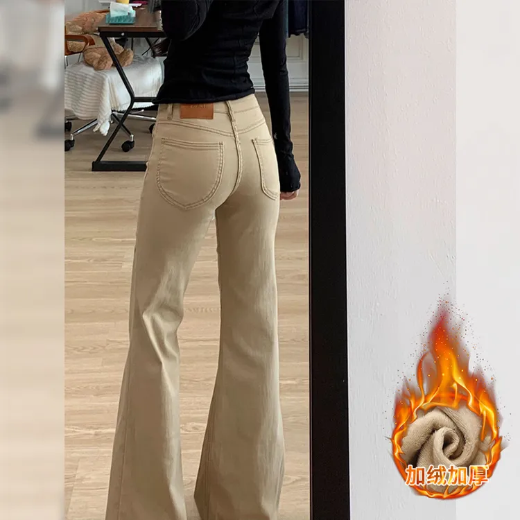 卡其色美式低腰加绒微喇牛仔裤女2025冬季新款宽松百搭显瘦马蹄裤