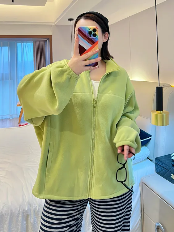 胖MM大码女装200斤外穿简约纯色奥利绒高领加厚保暖卫衣拉链外套