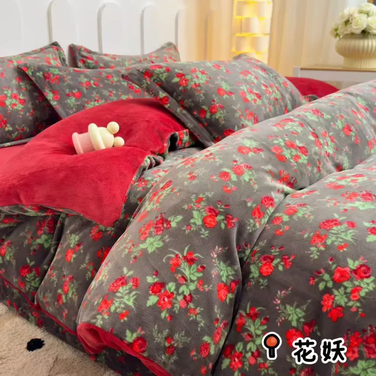 2025新款亲肤牛奶绒印花四件套三件套冬季保暖加绒床上用品柔软