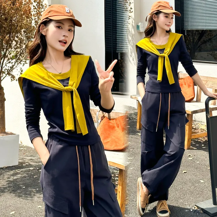 秋季2025新款休闲风时尚套装女气质减龄撞色T恤披肩阔腿裤三件套