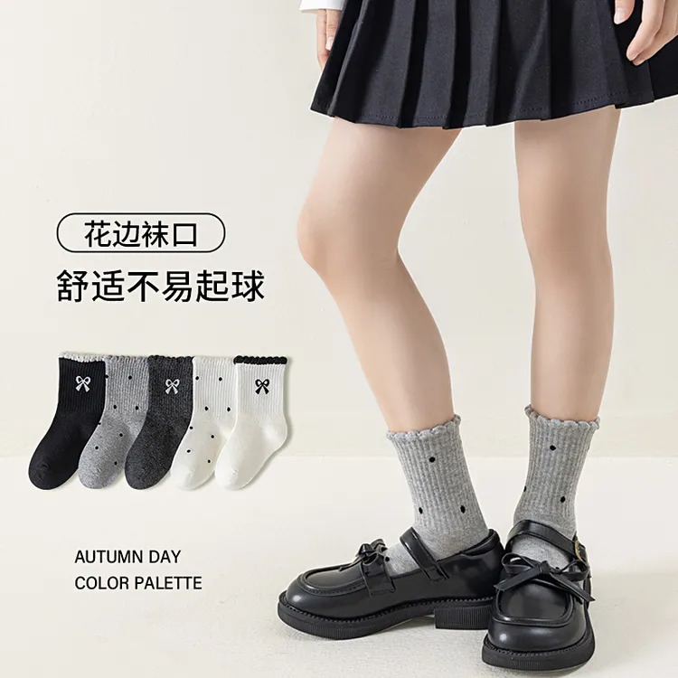 女童儿童袜子春秋韩版蝴蝶结女孩宝宝春夏季圆点中筒袜中大童棉袜