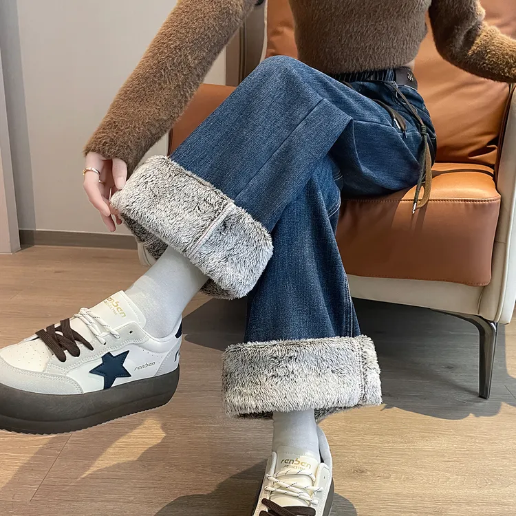 特厚雪狐绒一条过冬加绒裤子冬季保暖阔腿宽松加厚牛仔裤直筒裤子