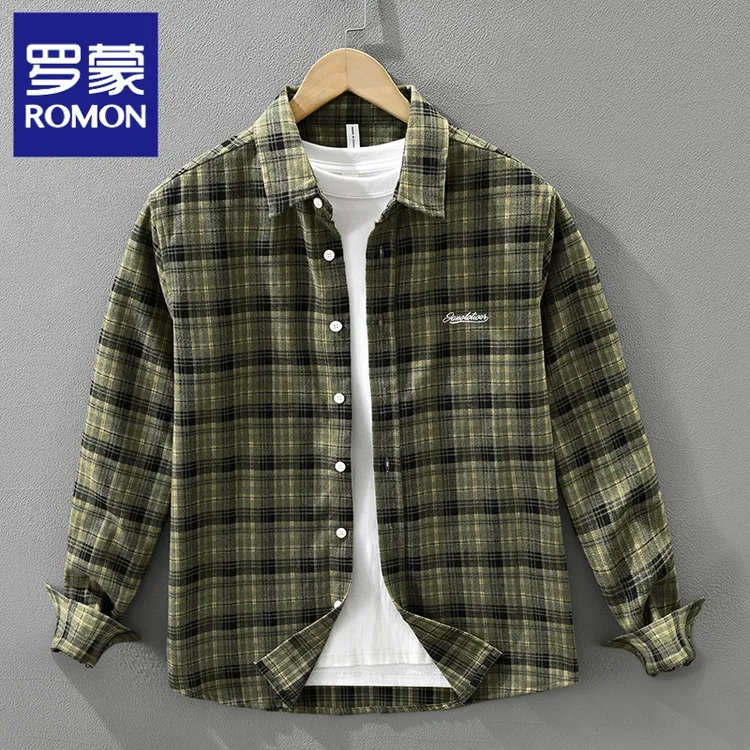 罗蒙日系复古格子长袖衬衫男士春秋季刺绣款宽松休闲百搭潮衬衣男