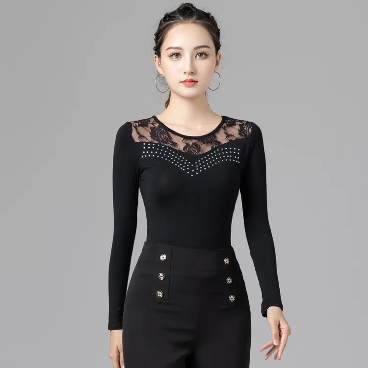 拉丁舞服装女成人新款莫代尔摩登舞高级蕾丝舞蹈练功服跳舞上衣