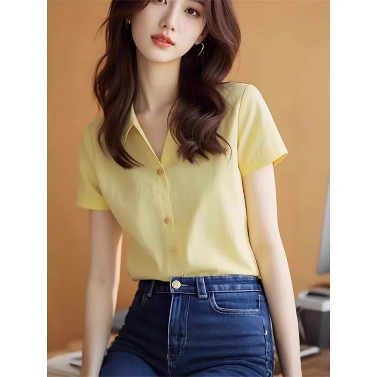 深圳南油新款奢品黄色短袖衬衫女夏季高级感独特漂亮法式气质上衣