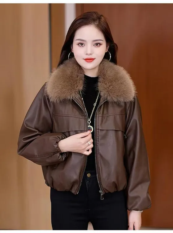 可拆卸大毛领加绒加厚皮衣外套女士2025年秋冬新款宽松派克服2282