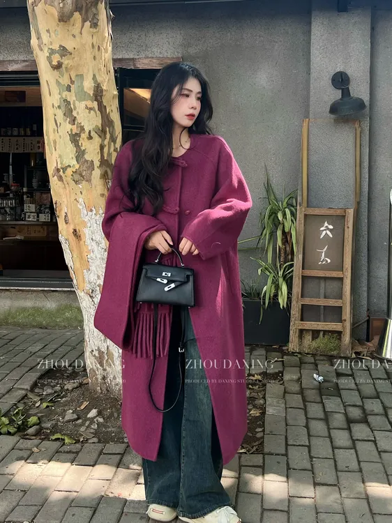 [周大星定制】圆领保暖长款秋冬宽松女毛呢外套加厚韩版山系F38