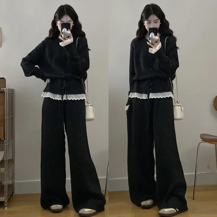 大码胖mm秋冬新款时尚洋气蕾丝拼接针织显瘦裤腿裤两件套套装女