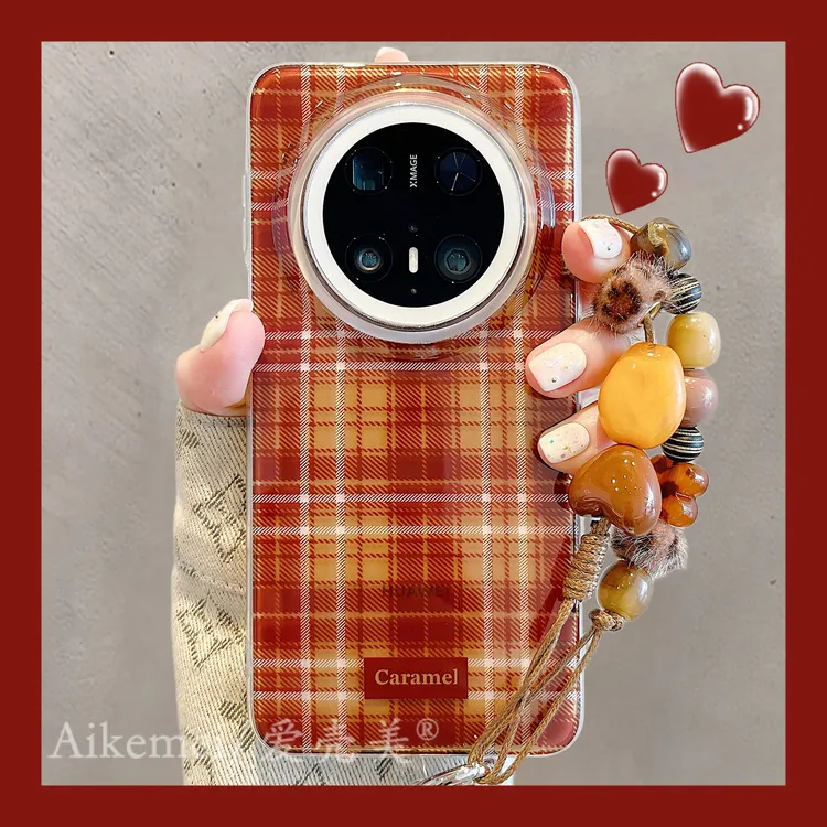 适用华为mate70pro+手机壳秋冬美拉德mate60pro+复古棕色格纹链条