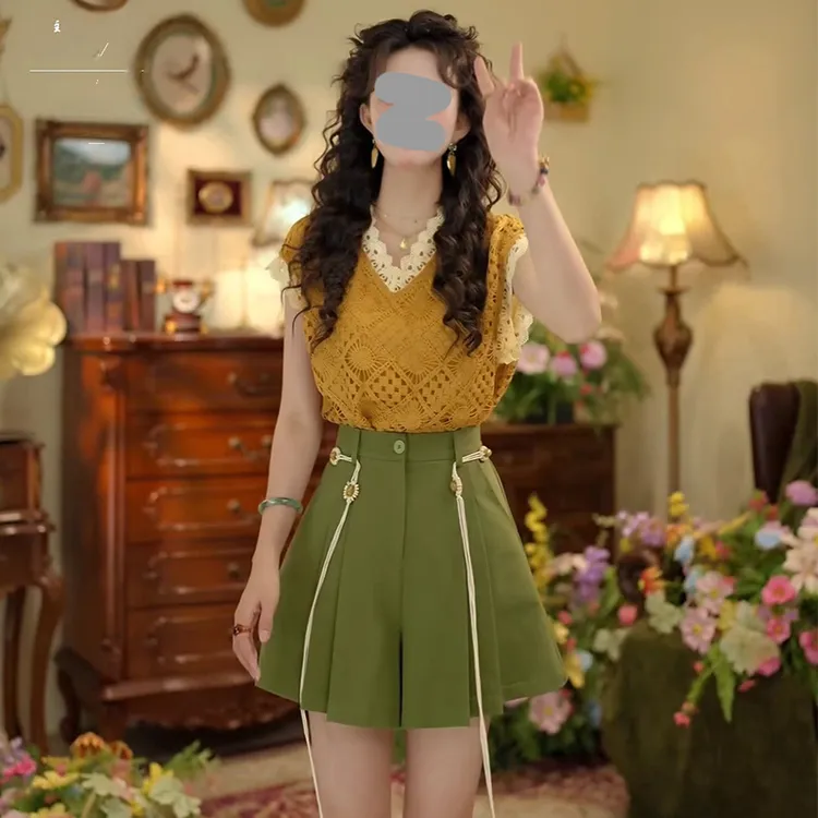 韩版甜美套装女2025夏季新款镂空花边短袖衬衫显瘦阔腿裙裤两件套