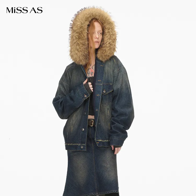 【ECHOADE】破坏工艺毛领大廓形牛仔夹克外套女25秋冬MISSAS买手店