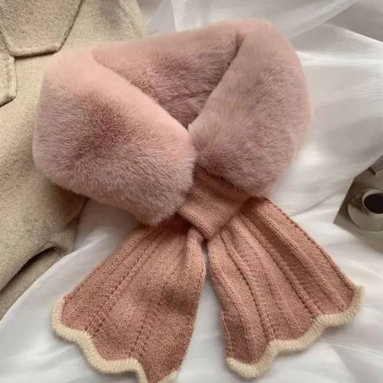 毛毛围脖女秋冬季韩版加厚仿獭兔毛保暖针织毛绒脖套鱼尾交叉毛领