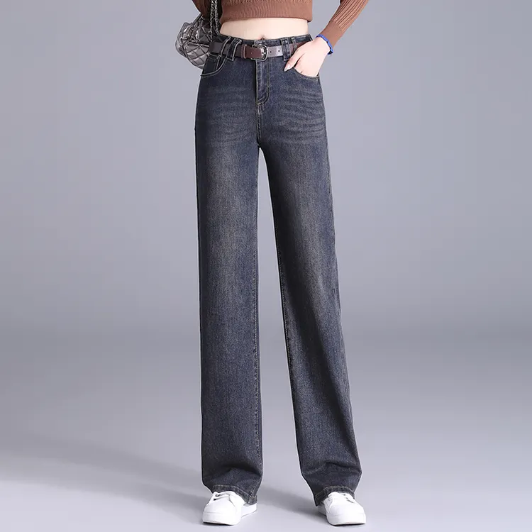 复古窄版阔腿牛仔裤女2024秋冬新款高腰显瘦宽松加绒休闲直筒裤子