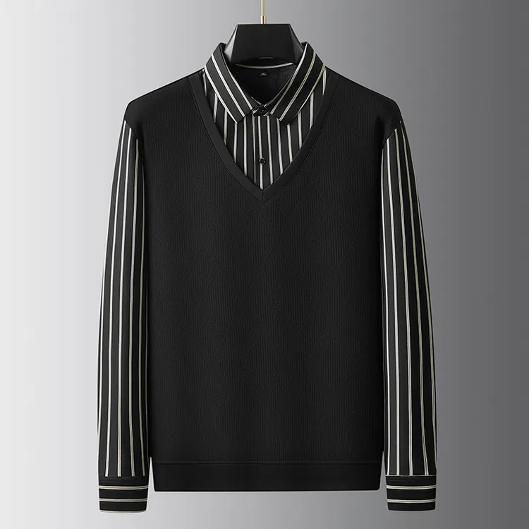 大码冬季保暖毛衣加绒商务休闲针织衫休闲条纹百搭男士假两件