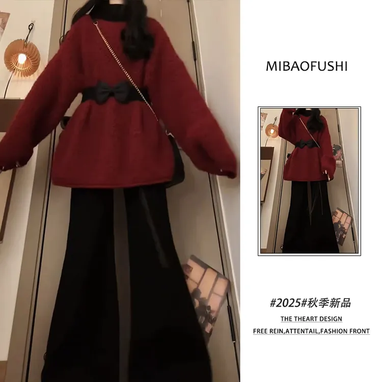 秋冬流行穿搭一整套女2025新款毛呢宽松针织毛衣显瘦休闲裤两件套