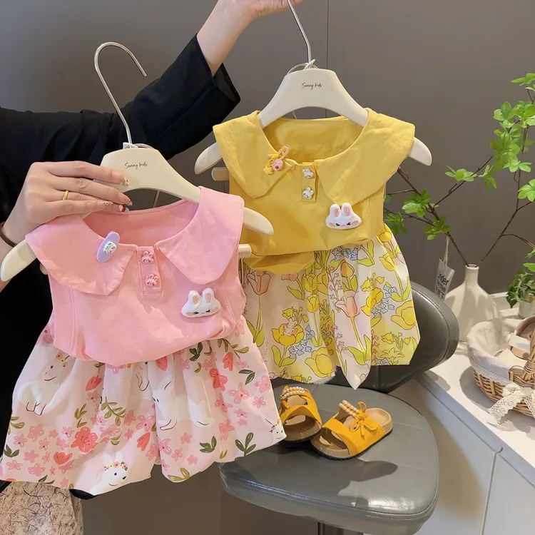 2025夏季新款套装女宝宝可爱娃娃领兔耳朵碎花花苞套装
