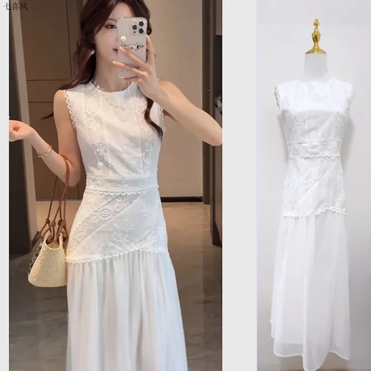 夏季新款优雅白色刺绣长裙通勤气质纯色高腰无袖聚酯纤维连衣裙