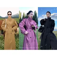 鹭青一精选【宴群山】哑光斜纹经典翻领廓形中长款风衣L25F7546BA