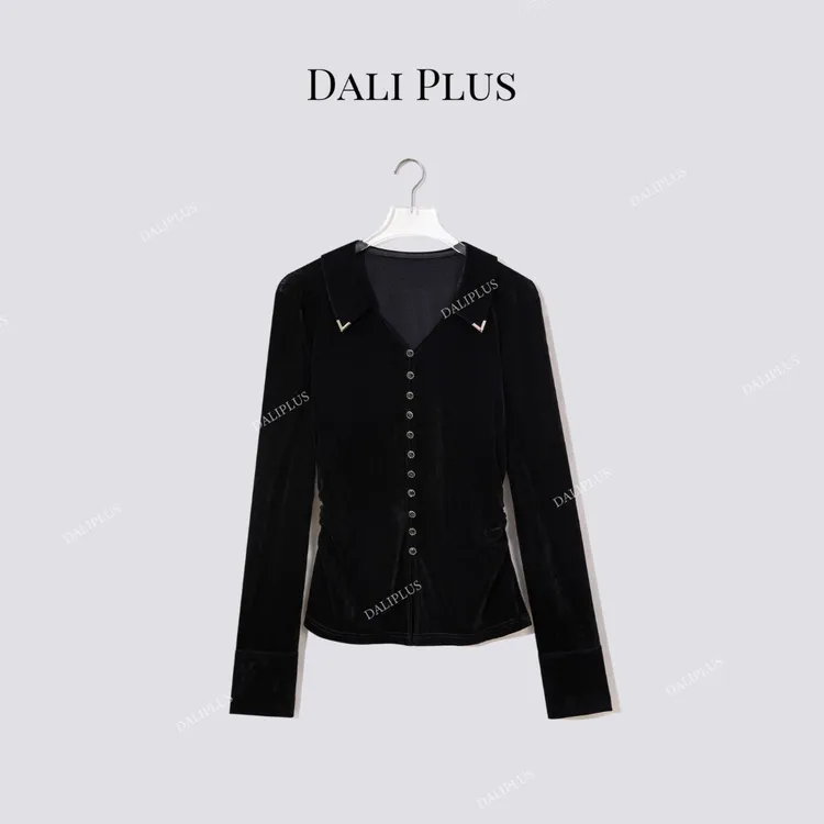 DALI PLUS“双V高黑丝绒上衣”收腰提褶衬衫-D5ST1517
