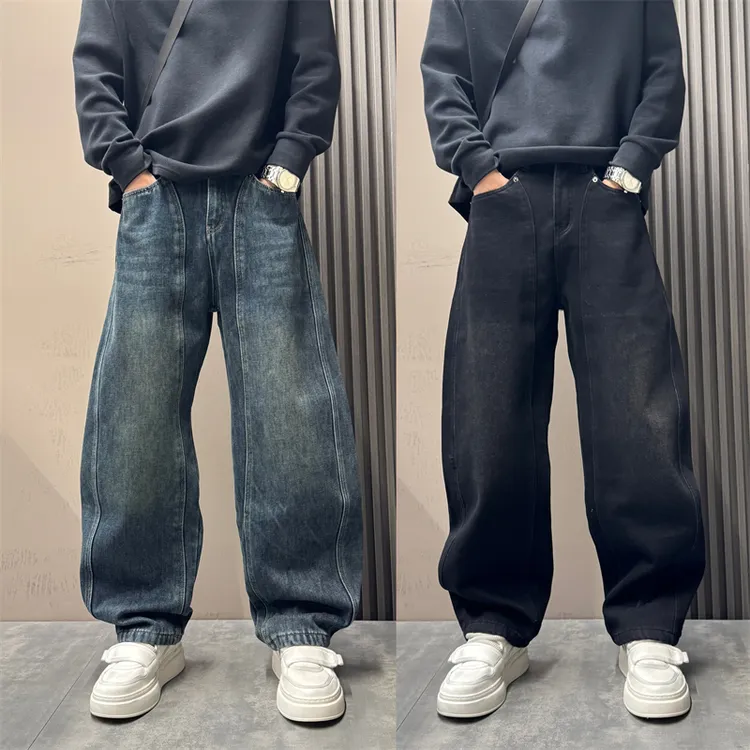 冬季新款潮流痞帅水洗复古加绒牛仔裤男士直筒做旧垂感阔腿牛仔裤