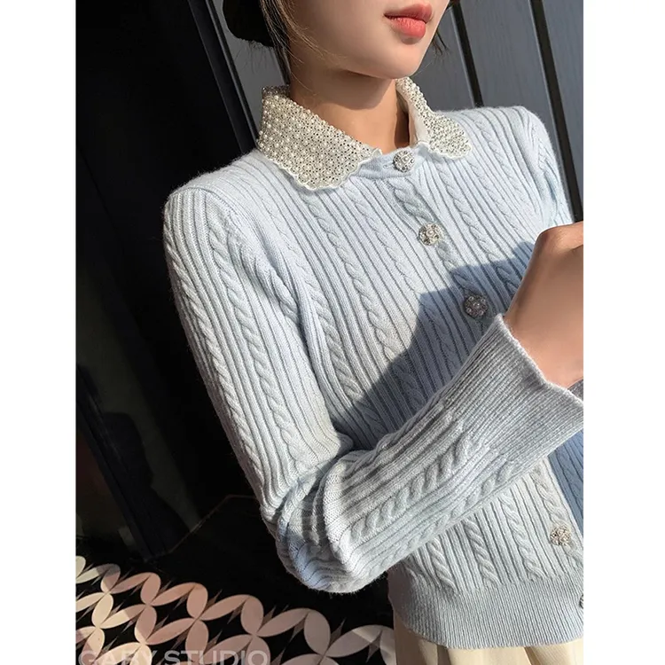 钉珠设计感时尚单排扣2025秋季针织开衫外套长袖休闲慵懒上衣简约