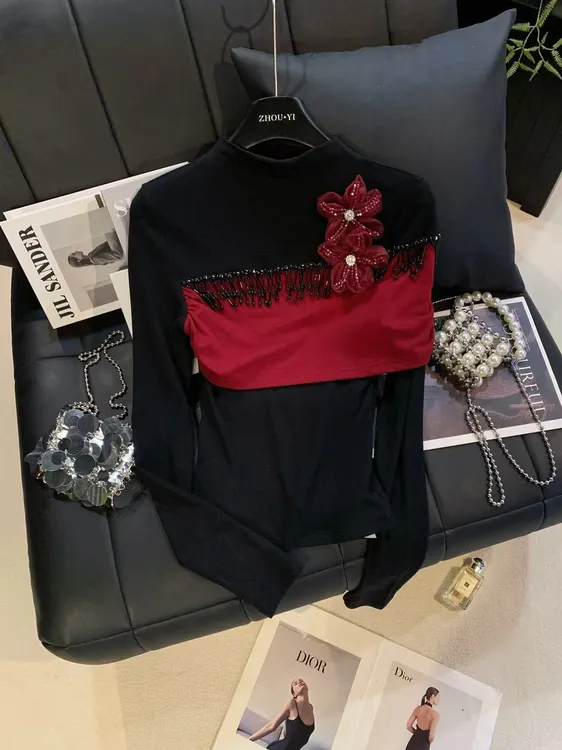 ZHOUYI/周一 2025爆款撞色花朵流苏珠链T恤秋冬气质长袖打底上衣