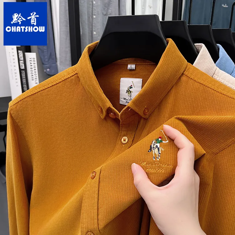100%纯棉灯芯绒男士长袖衬衫时尚新款小马绣花商务休闲百搭衬衣男