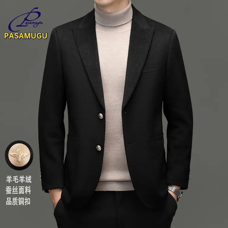 男士羊毛休闲西服秋冬新款商务百搭羊绒西装高端轻奢铜扣上衣外套