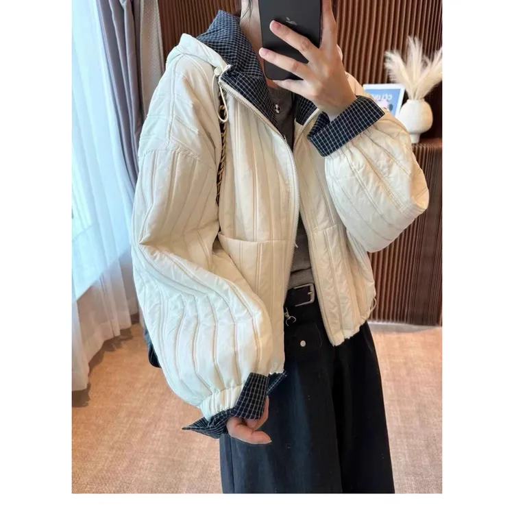 连帽夹棉短外套女格子拼接二棉夹克2025秋季新款轻薄棉服薄款棉衣