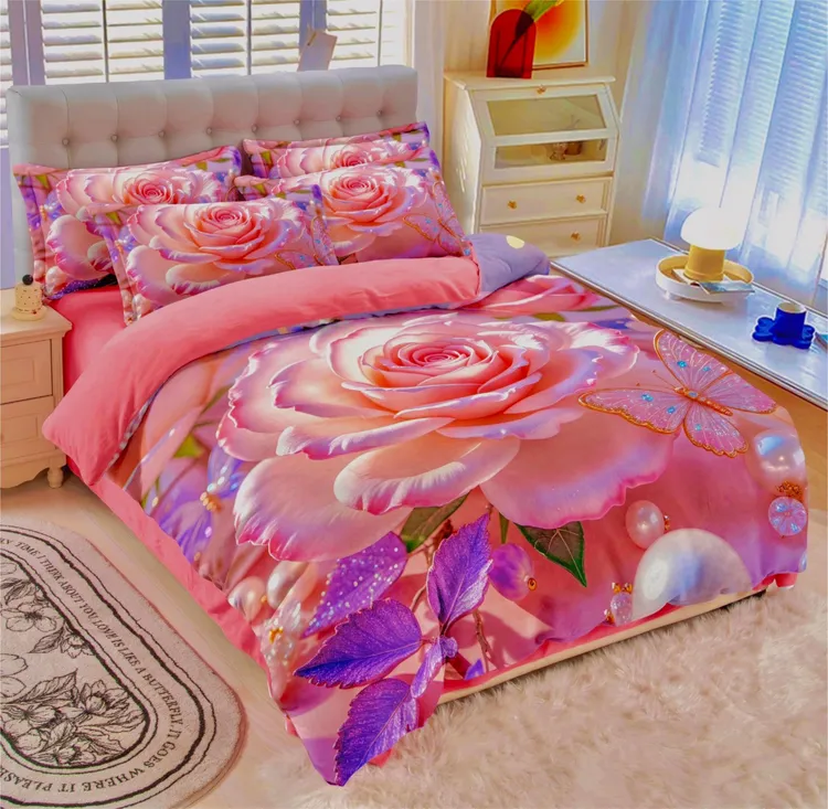 若及冬季5D立体印花加绒加厚双面保暖牛奶绒亲肤毛绒被套四件套