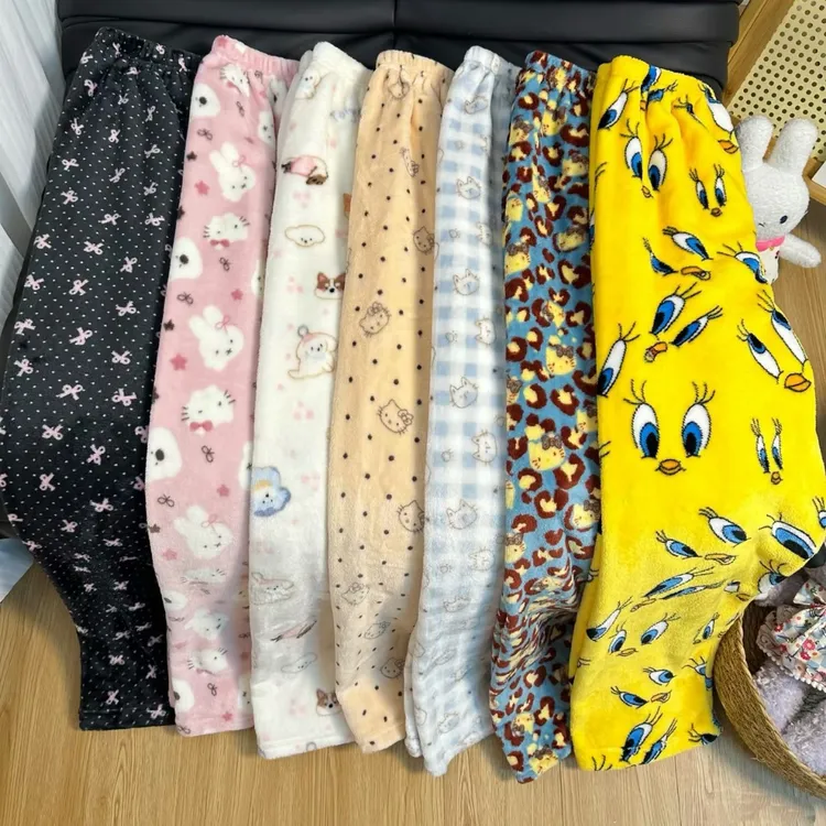 秋冬新款保暖女睡衣加绒加厚可爱珊瑚绒睡裤大码法兰绒家居裤外穿