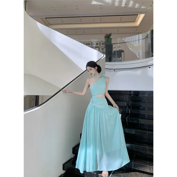 法式绝美沙滩裙女夏气质斜肩露背无袖连衣裙海边度假仙女雪纺长裙