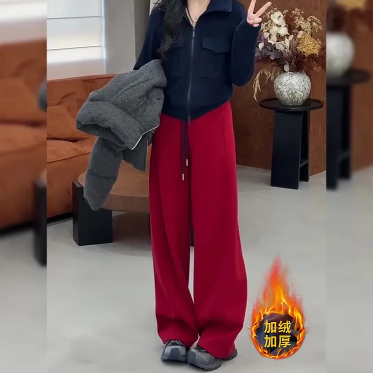 红色加绒抽绳弯刀阔腿裤女冬季新款大码胖mm宽松显瘦直筒运动卫裤