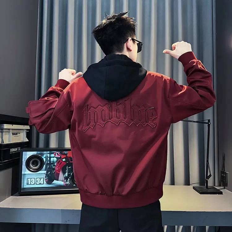 可脱卸帽外套男款春秋2025新款潮牌痞帅假两件棒球服休闲短款外套