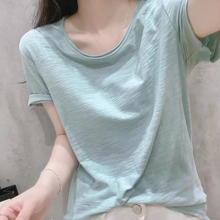 棉卷边短袖恤女夏季爆款纯棉宽松休闲圆领体恤百搭简约上衣半袖