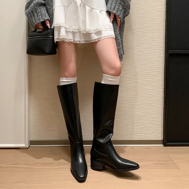 25新款牛皮版~真皮粗跟英伦风复古显瘦擦色高筒骑士靴秋冬