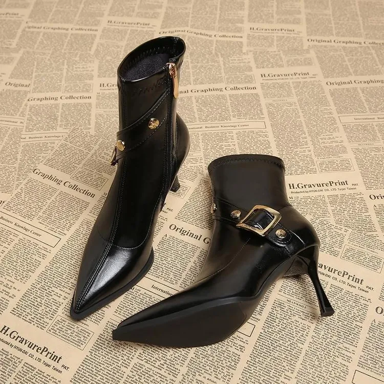 短靴女2025秋冬季新款法式细跟瘦瘦女靴感尖头高跟女鞋子靴子网红