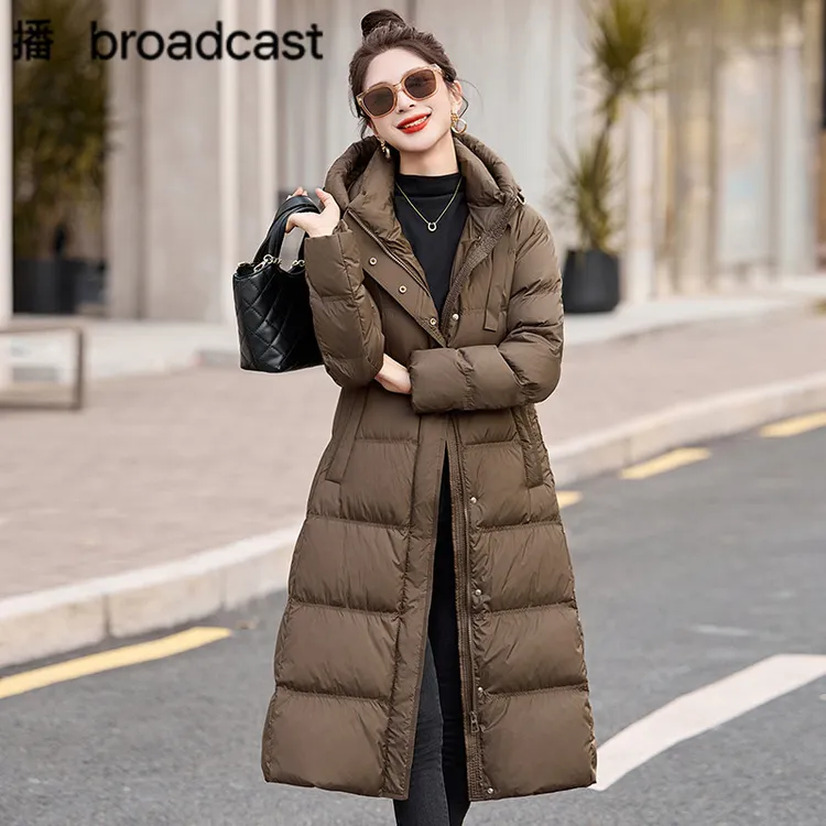 broadcast/播折扣女装收腰连帽白鸭绒羽绒服气质优雅长款外套女潮