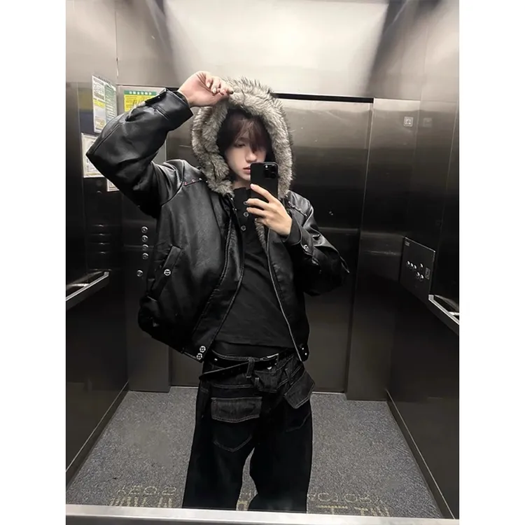 cleanfit穿搭pu皮外套男款冬季加绒加厚痞帅棉服高街潮牌夹克棉衣