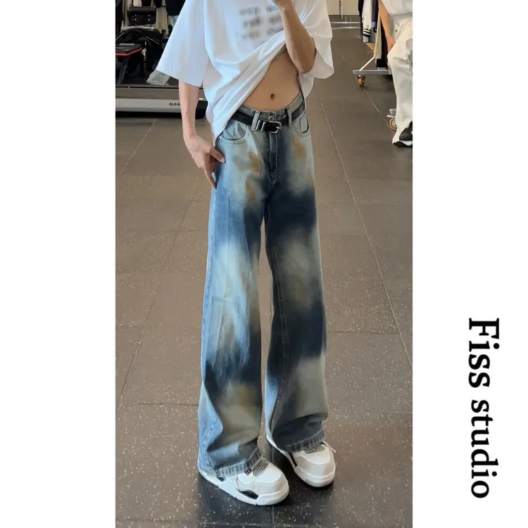 美式撞色拉链常规款迷彩阔腿裤牛仔裤高街复古百搭扎染宽松