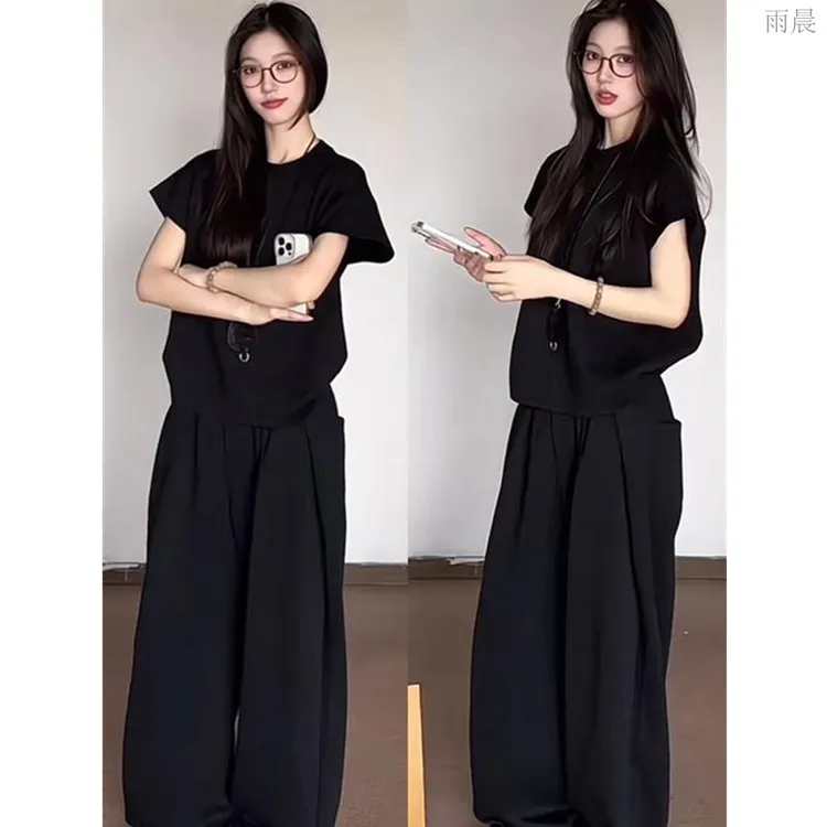 美式复古运动服套装女夏季显瘦宽松短袖恤阔腿裤时尚两件套跑步