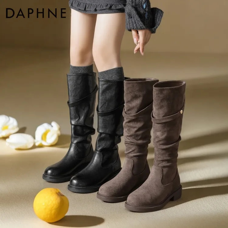 达芙妮2025新款秋冬粗跟骑士靴女不过膝高筒靴美拉德长筒靴瘦瘦靴