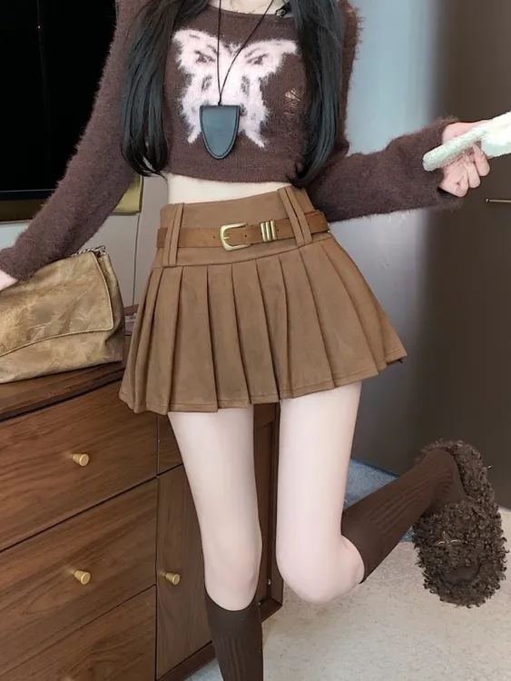 韩版复古轻奢感百褶半身裙女2025秋季新款高腰显瘦百搭A字裙短裙