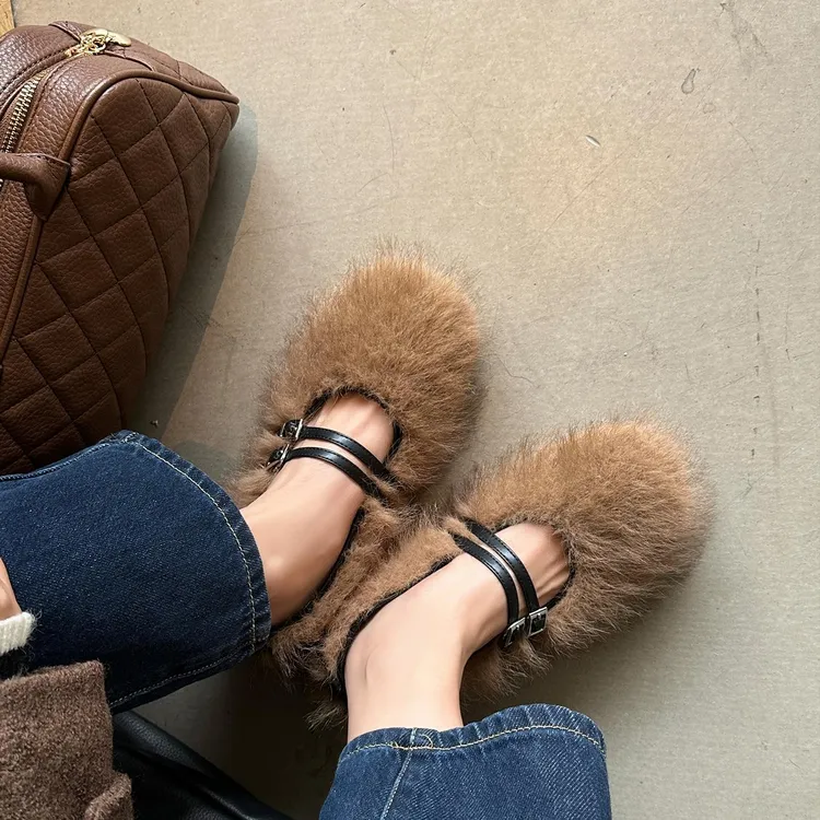阔腿裤必备鞋2025新款玛丽珍毛毛鞋豆豆鞋冬季加绒晚晚鞋约会鞋平