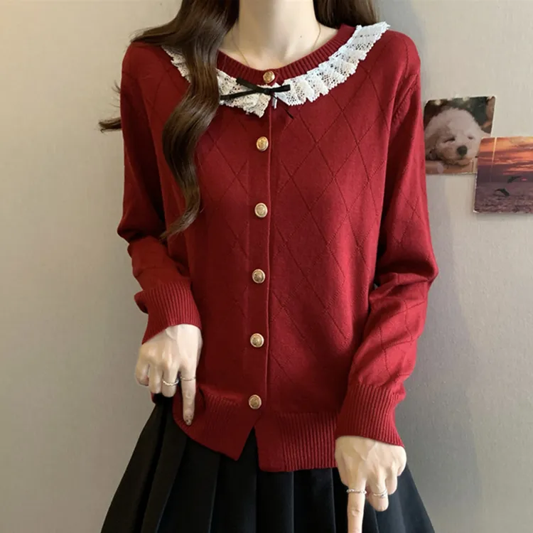 甜美风蕾丝花边红色针织开衫女2025秋冬季新款高级感显瘦毛衣上衣