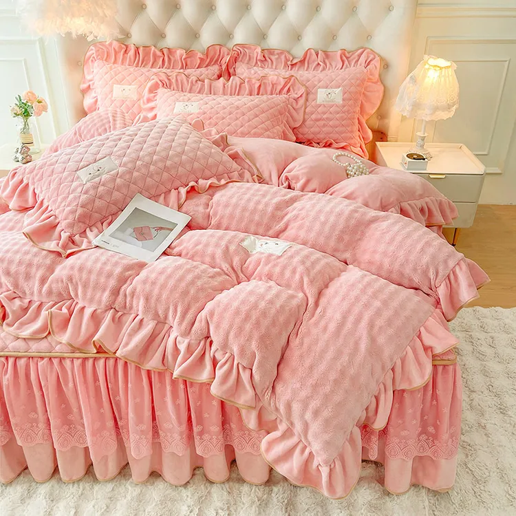 新款立体泡泡加厚牛奶绒夹棉床裙四件套冬季保暖双面加绒被套床罩